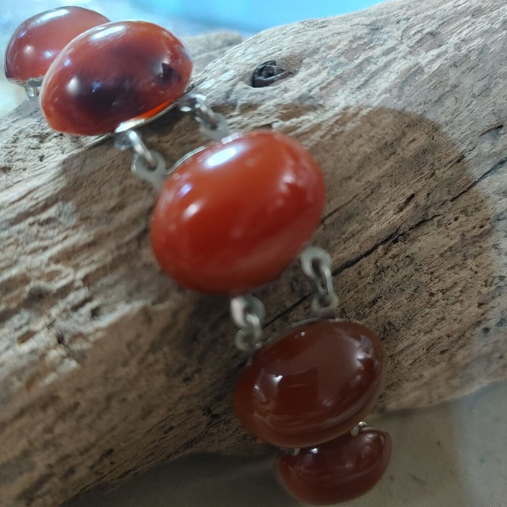 Silvertone Carnelian Agate looking Amber Link Bracelet Oval Cabochons Vintage - Picture 3 of 12